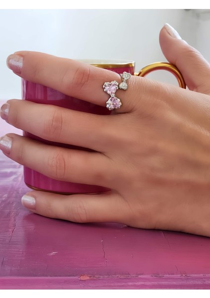 Papyon Fiyonk Model Pembe Taşlı Ayarlanabilir Silver Renk Çelik Yüzük