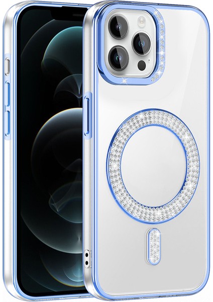 iPhone 12 Pro Kılıf Pırlanta Taş Tasarımlı M-Safe Şarj Özellikli Karetta Silikon Kılıf