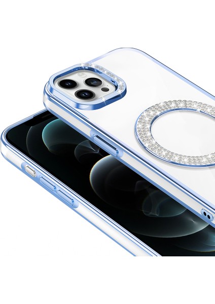 iPhone 12 Pro Kılıf Pırlanta Taş Tasarımlı M-Safe Şarj Özellikli Karetta Silikon Kılıf