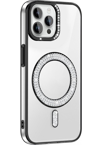 iPhone 12 Pro Kılıf Pırlanta Taş Tasarımlı M-Safe Şarj Özellikli Karetta Silikon Kılıf