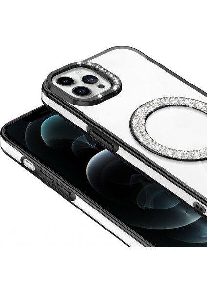 iPhone 12 Pro Kılıf Pırlanta Taş Tasarımlı M-Safe Şarj Özellikli Karetta Silikon Kılıf