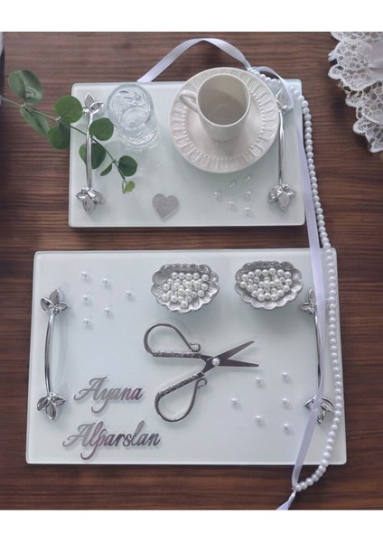 Adore Gümüş Beyaz Incili Söz Tepsisi Nişan Tepsisi ve Damat Kahve Fincan Tepsisi