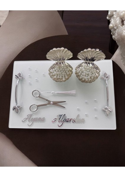 Adore Gümüş Beyaz Incili Söz Tepsisi Nişan Tepsisi ve Damat Kahve Fincan Tepsisi fırsatları