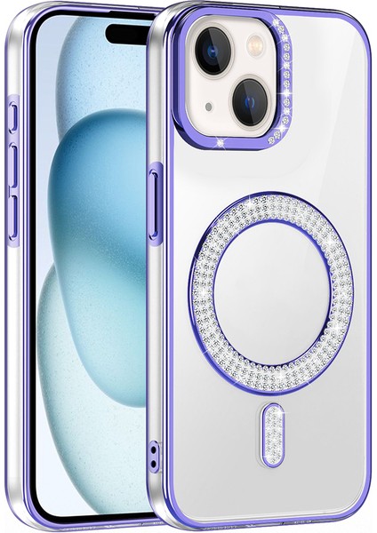 iPhone 15 Kılıf Pırlanta Taş Tasarımlı M-Safe Şarj Özellikli Karetta Silikon Kapak