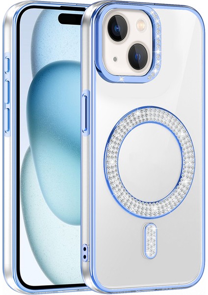 iPhone 15 Kılıf Pırlanta Taş Tasarımlı M-Safe Şarj Özellikli Karetta Silikon Kapak