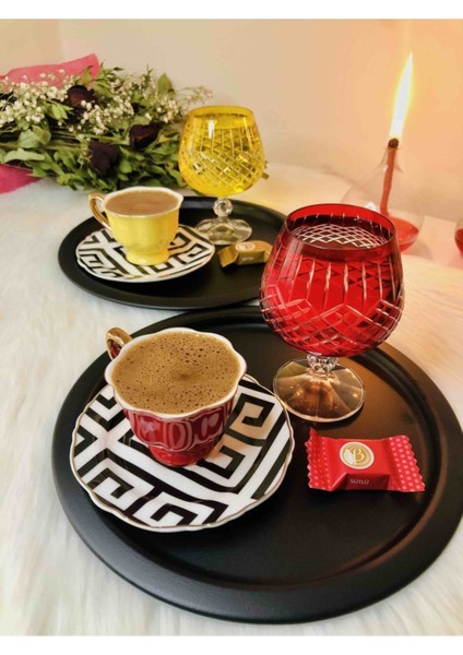 Siyah Metal Yuvarlak Çay, Kahve, Pasta Servis Tepsisi Dekoratif Sunum Tepsisi 24 cm