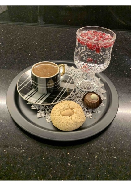 Siyah Metal Yuvarlak Çay, Kahve, Pasta Servis Tepsisi Dekoratif Sunum Tepsisi 24 cm fiyatları