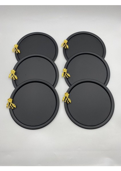 6'lı Japon Güllü Yuvarlak Siyah Çay ve Kahve Sunum Tepsisi, Dekoratif Servis Tepsisi 22CM