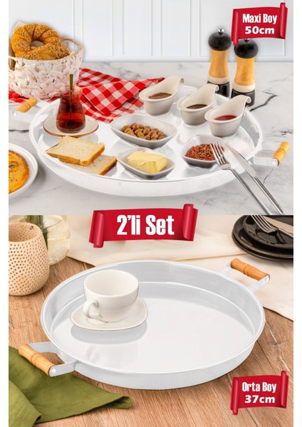 Beyaz 2'li Ahşap Kulplu Galvaniz Yuvarlak Sunum Tepsisi, Ahşap Saplı Metal Yuvarlak Tepsi 50*37CM