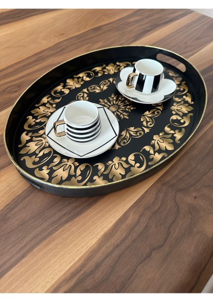 Siyah Altın Işleme Desen Büyük Oval Servis Çay Kahve Sunum Tepsisi indirimleri