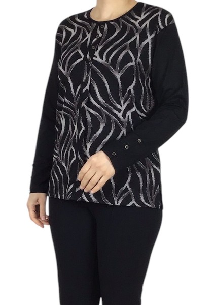 Kadın Önü Desenli Kol Düğme Detaylı Önü Kapalı Penye Bluz