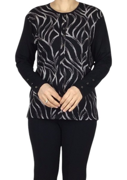 Kadın Önü Desenli Kol Düğme Detaylı Önü Kapalı Penye Bluz modelleri