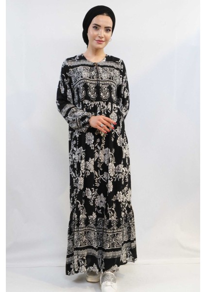 Vintage Desen Elbise Siyah