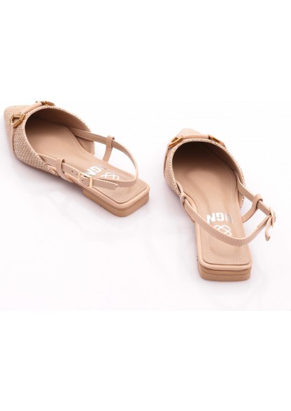Dgn 6006 Kadın Metal Aksesuarlı Arkadan Bağlamalı Babet Düz Taban Bej Renk modelleri