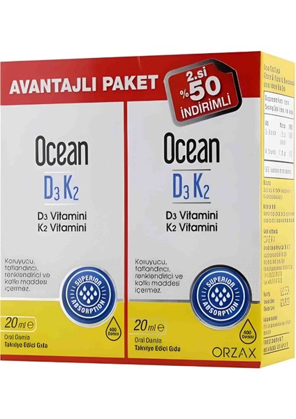 D3K2 Vitamin 20 ml Damla 2'li Orjinal