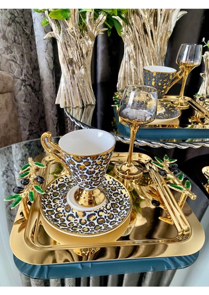 2 Adet Kahve & Çay & Sunum Tepsisi Gold Tepsi Yeşil Zeytin Dalı Dökümlü fırsatları