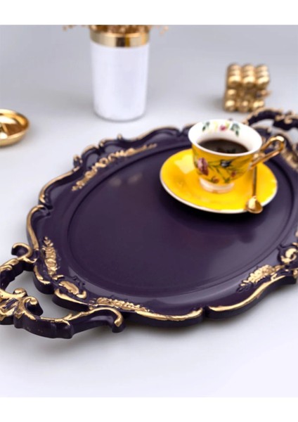 Nil Oval Tepsi Çay Tepsi,kahve Tepsi,sunum Tepsi,vintage Dekoratif Mor Tepsi