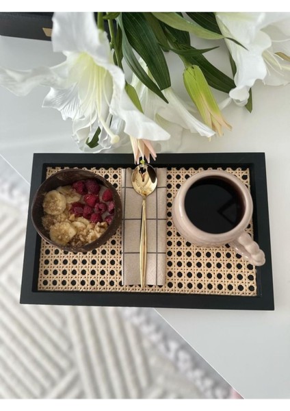 Rattan Tepsi, Hazeran Tepsi, Dekoratif Tepsi, Sunum Tepsisi (Gerçek Hazeran) Siyah Tepsi (33*21CM)