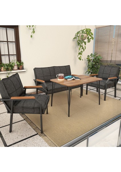 Hayal Serisi Balkon, Bahçe, Cafe - Metal Kanepe Koltuk Takımı - 2+1+1 90 x 60 cm Masalı - Antrasit