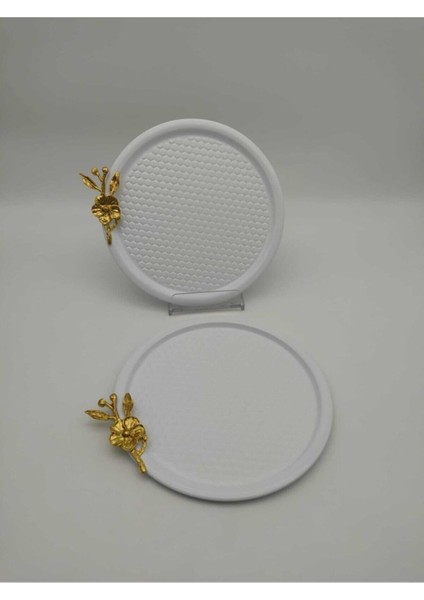 2'li Beyaz Yuvarlak Desenli Gold Çiçekli Sunum Tepsisi, Dekoratif Servis Tepsisi Çay Kahve 23 cm fiyatları
