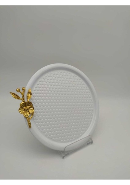 2'li Beyaz Yuvarlak Desenli Gold Çiçekli Sunum Tepsisi, Dekoratif Servis Tepsisi Çay Kahve 23 cm modelleri