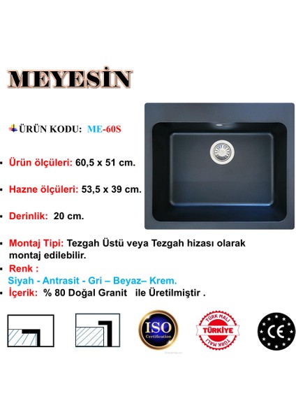 Granit Evye Siyah Tek Gözlü Mutfak Evyesi 50 x 60 Cm.