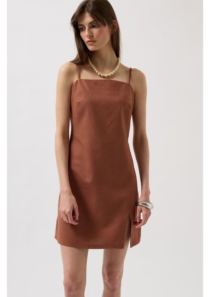 Ip Askılı Yırtmaç Detay Keten Mini Elbise