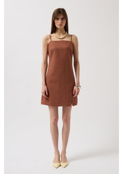 Ip Askılı Yırtmaç Detay Keten Mini Elbise fiyatları