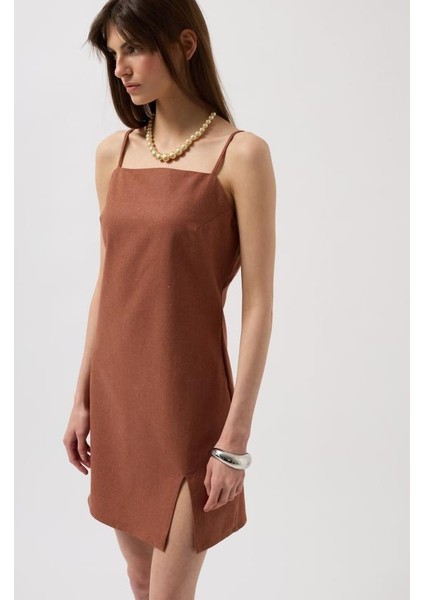 Ip Askılı Yırtmaç Detay Keten Mini Elbise modelleri