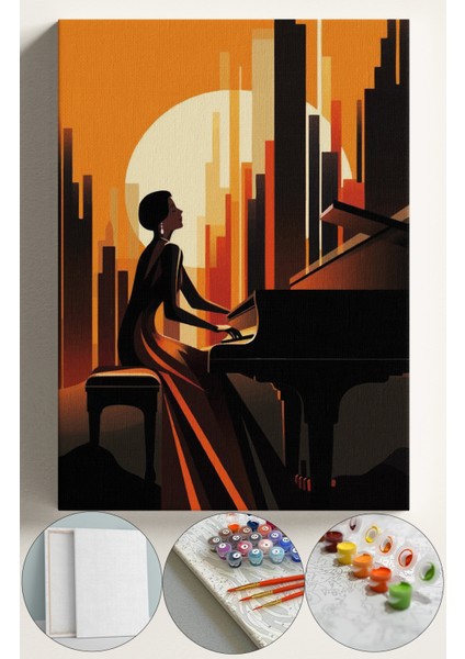 Sayılarla Boyama Çerçeveli Hobi Seti Numaralı Tuval Fırça Boya Dahil Kasnaklı 40X50 cm Piano Kadın