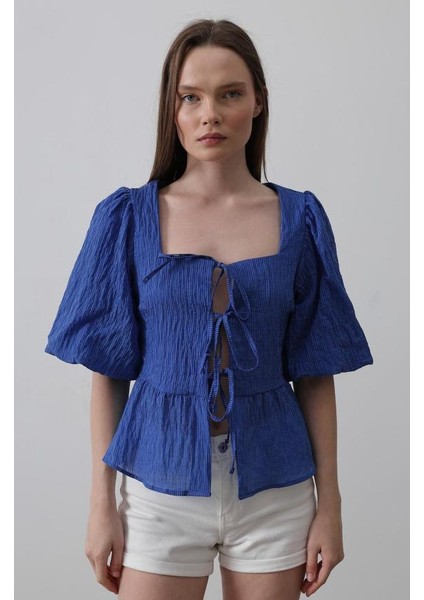 Kare Yaka Balon Kol Bluz - Mavi