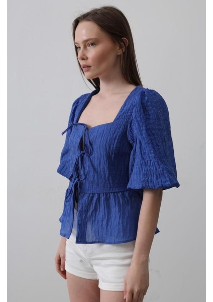 Kare Yaka Balon Kol Bluz - Mavi fiyatları
