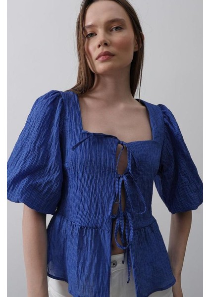 Kare Yaka Balon Kol Bluz - Mavi modelleri