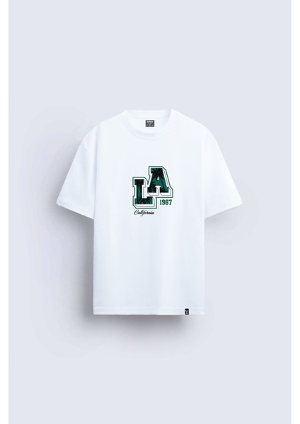 Amerika Kaliforniya California Baskılı Bisiklet Yaka Normal Kalıp Beyaz Tişört T-Shirt