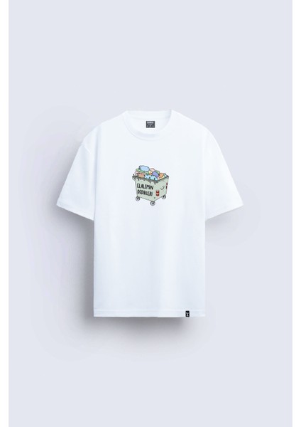 Elalemin Dedikleri Çöp Baskılı Bisiklet Yaka Normal Kalıp Beyaz Tişört T-Shirt