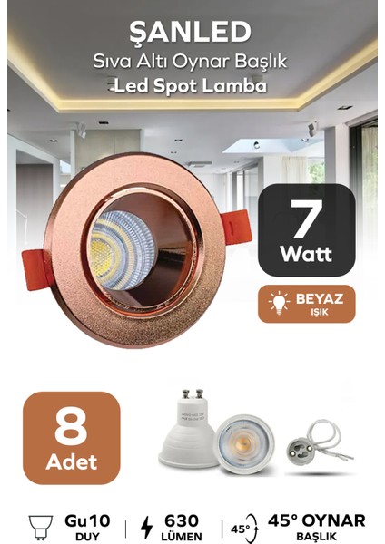 7W Sıva Altı Oynar Başlık GU10 Yuvarlak Bakır Kasa Beyaz Işık LED Spot Lamba-8 Adet