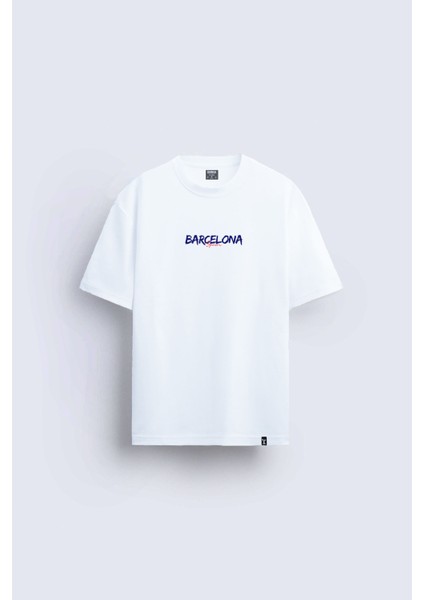 Barcelona Şehir Baskılı Bisiklet Yaka Normal Kalıp Beyaz Tişört T-Shirt