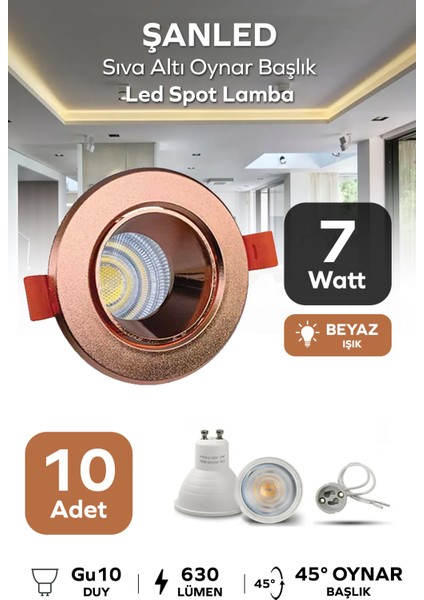 7W Sıva Altı Oynar Başlık GU10 Kare Siyah Kasa Beyaz Işık LED Spot Lamba-10 Adet