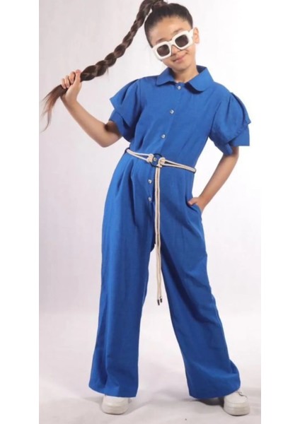 Kız Çocuk Kemer Aksesuarlı Düğme Kapamalı Tulum