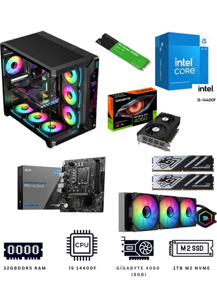 Black Storm X32 I5 14400F 32GB Ddr5 1tb Nvme M.2 RTX4060 Ekran Kartlı Oyuncu Bilgisayarı