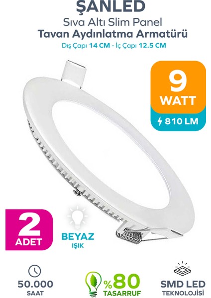 9W Tasarruflu LED Yuvarlak Beyaz Işık Sıva Altı Slim Panel Tavan Aydınlatma Armatürü-2 Adettir