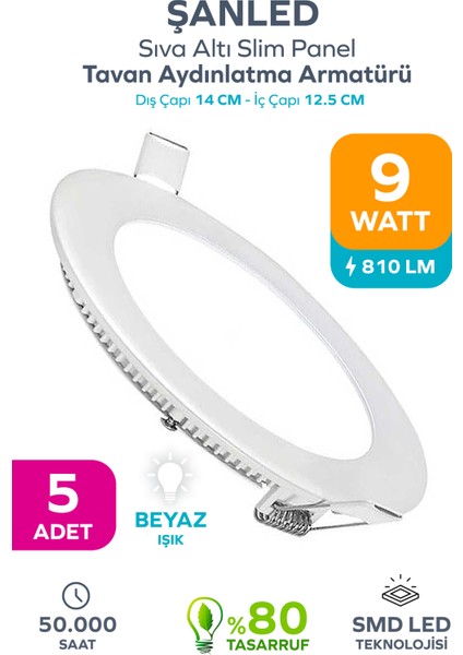 9W Tasarruflu LED Yuvarlak Beyaz Işık Sıva Altı Slim Panel Tavan Aydınlatma Armatürü-5 Adettir