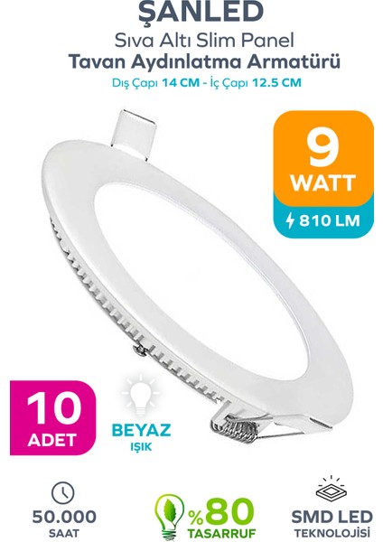 9W Tasarruflu LED Yuvarlak Beyaz Işık Sıva Altı Slim Panel Tavan Aydınlatma Armatürü- 10 Adettir