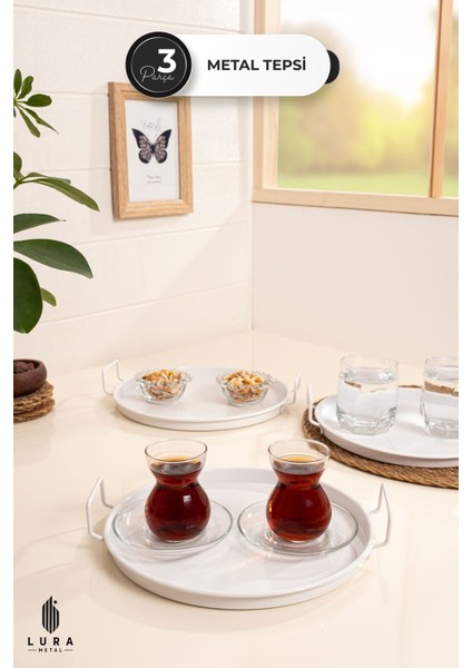 3'lü Vera Beyaz Metal Kahve ve Çay Sunum Tepsisi Seti - 25 cm Zarif ve Modern Tasarım fiyatları