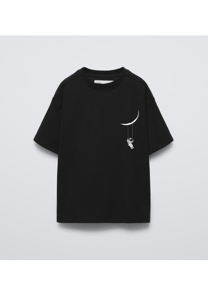 Erkek Çocuk Siyah Astronot Önü Baskılı ve Arkası T-Shirt