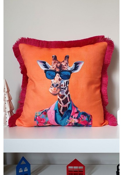 Tarz Sahibi Zürafa Tasarımlı Turuncu Kırlent Kılıfı Saçak Detaylı - 43 x 43 cm