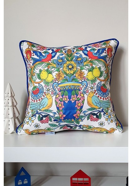 Italyan Çini Stili Vazo ve Kuşlar Tasarımlı Fitilli Kırlent Kılıfı - 43 x 43 cm