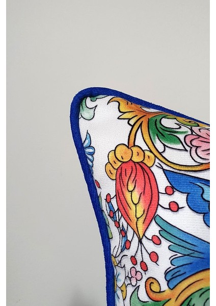 Italyan Çini Stili Vazo ve Kuşlar Tasarımlı Fitilli Kırlent Kılıfı - 43 x 43 cm modelleri