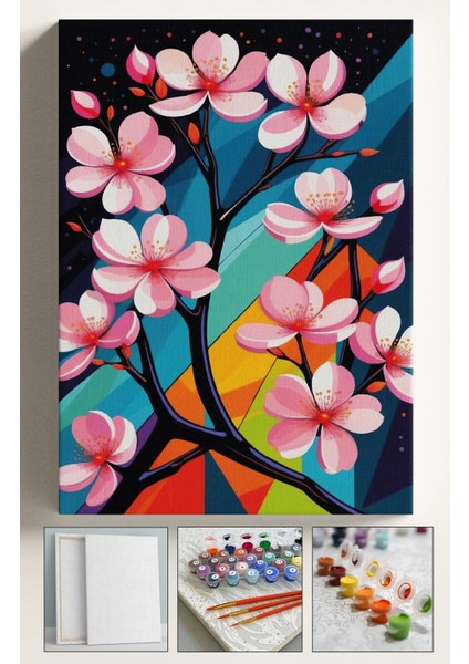 Sayılarla Boyama Çerçeveli Hobi Seti Numaralı Tuval Fırça Boya Dahil Kasnaklı 40X50 cm Sakura Ağacı
