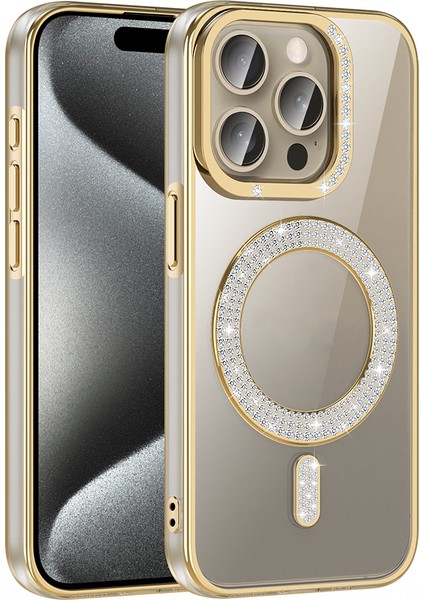 iPhone 15 Pro Kılıf Pırlanta Taş Tasarımlı M-Safe Şarj Özellikli Karetta Silikon Kapak